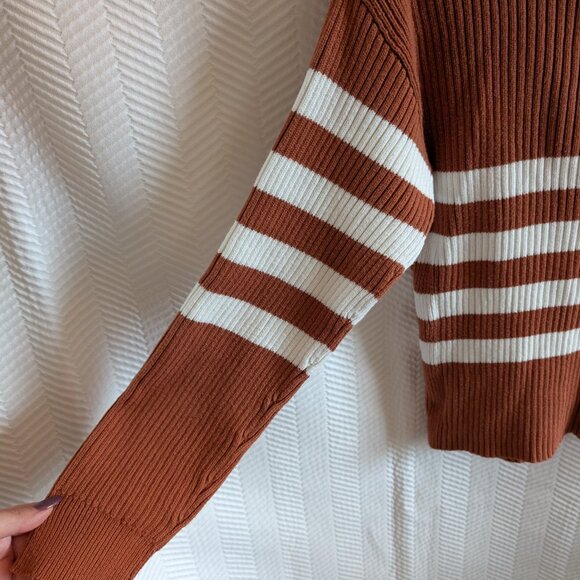 Tribal 100% Cotton Ribbed Knit Sweater Rust  Brown & White Stripe Medium Preppy - Picture 5 of 9